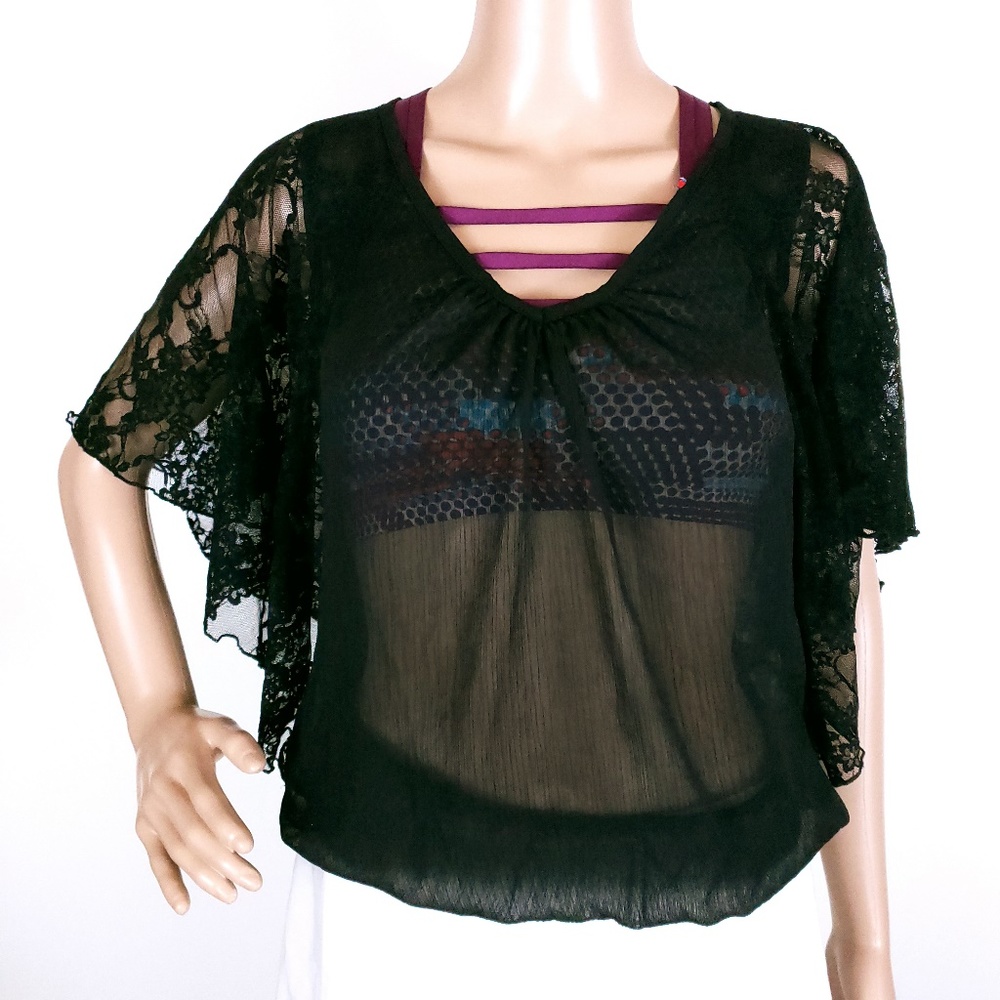 Express Women Top Sheer Lace V-Neck Color Black Size XS
